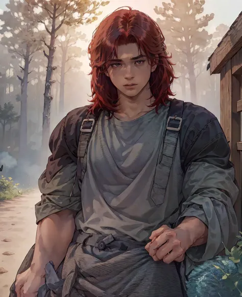 a young man with beautiful red hair, piercing red eyes, wearing normal villager clothes, detailed facial features, realistic por...