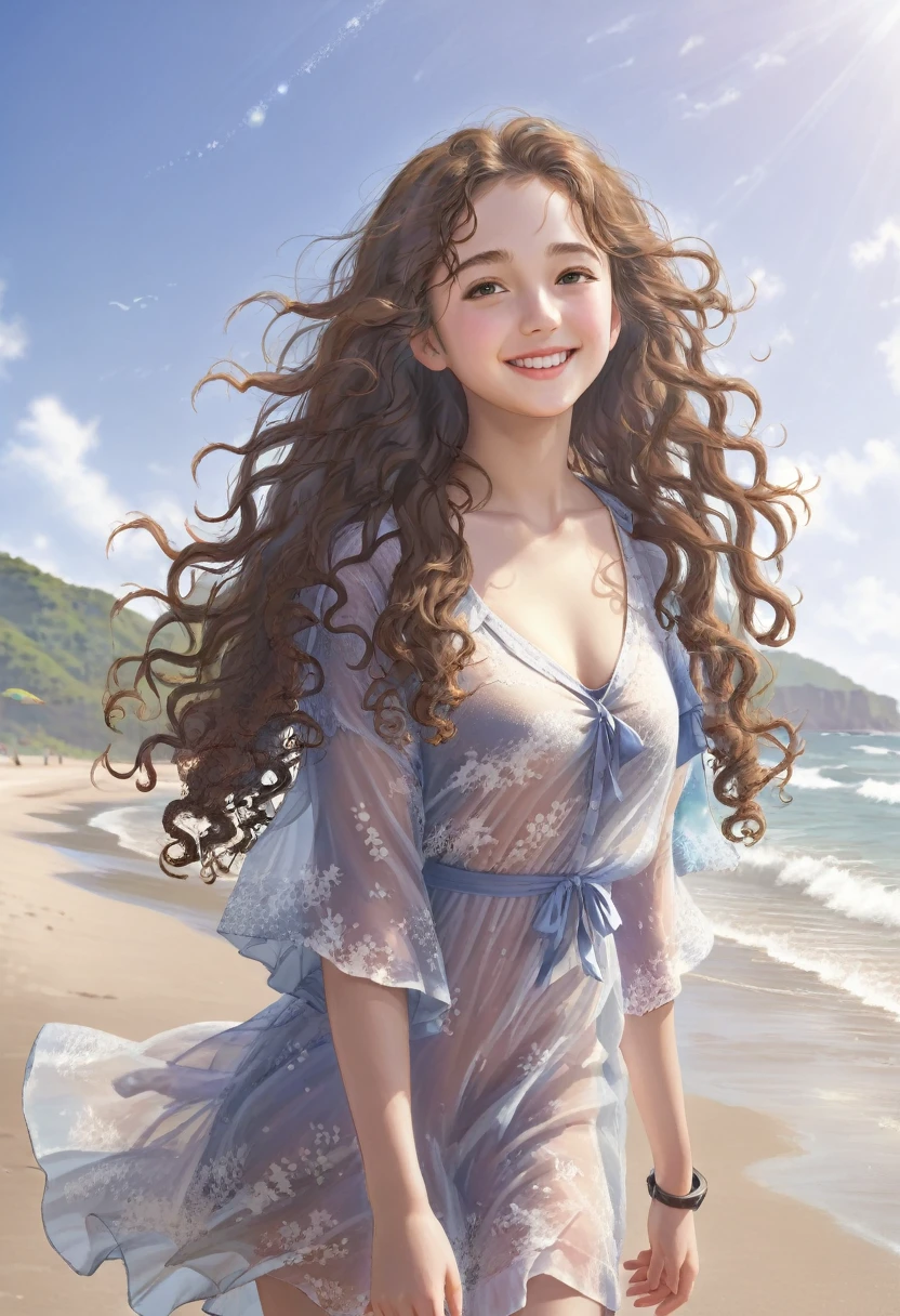 (RAW Photos:1.2), (Realistic:1.4),(masterpiece:1.3),(Highest quality:1.4),超High resolution,High resolution,8k, (Highly detailed illustration), 1 girl, Beautiful face in every detail, Young girl, Long Curly Hair,smile,alone, View the viewer,Clear Background, At the Beach, Depth of written boundary, Natural light,(See-through silhouette),Urzan-6500-v1.1:0.7