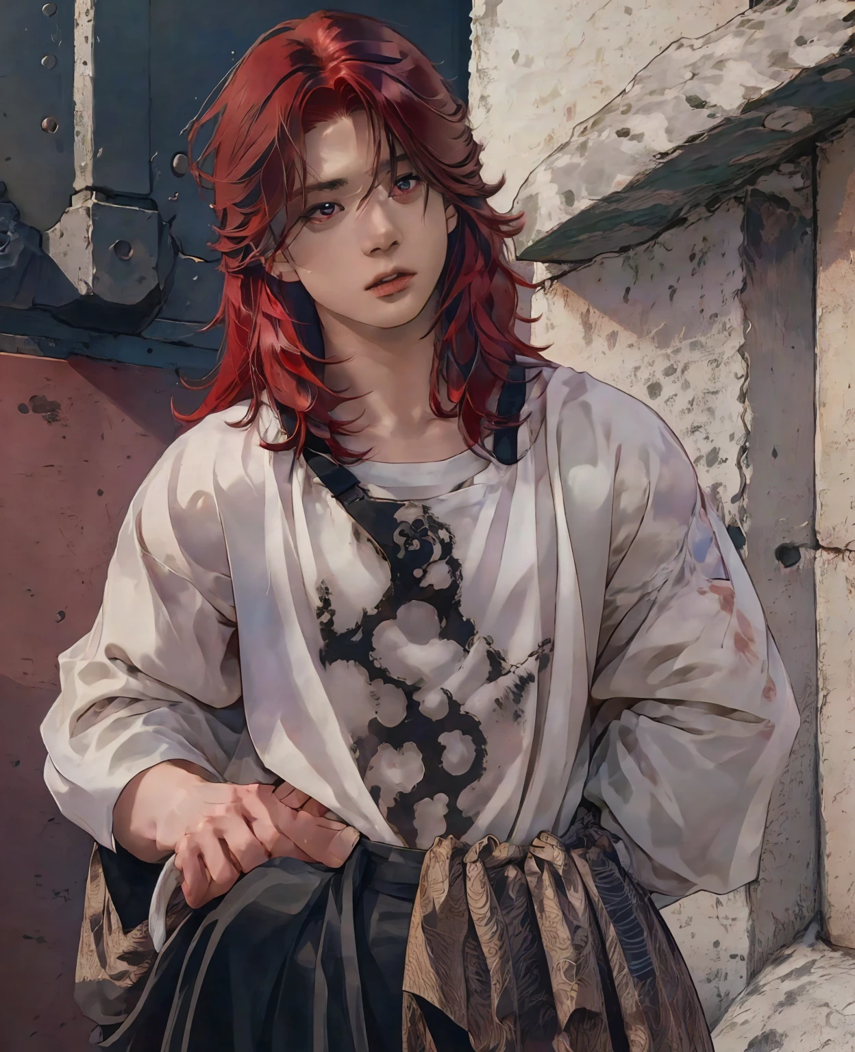 1 young man with long red hair and red eyes, wearing normal village clothes, realistic, photorealistic, photo-realistic:1.37, best quality, 8k, extremely detailed, cinematic lighting, dramatic lighting, masterpiece, intricate details, hyper-realistic, sharp focus, 4k, ultra-detailed, vibrant colors, dramatic atmosphere, cinematic composition