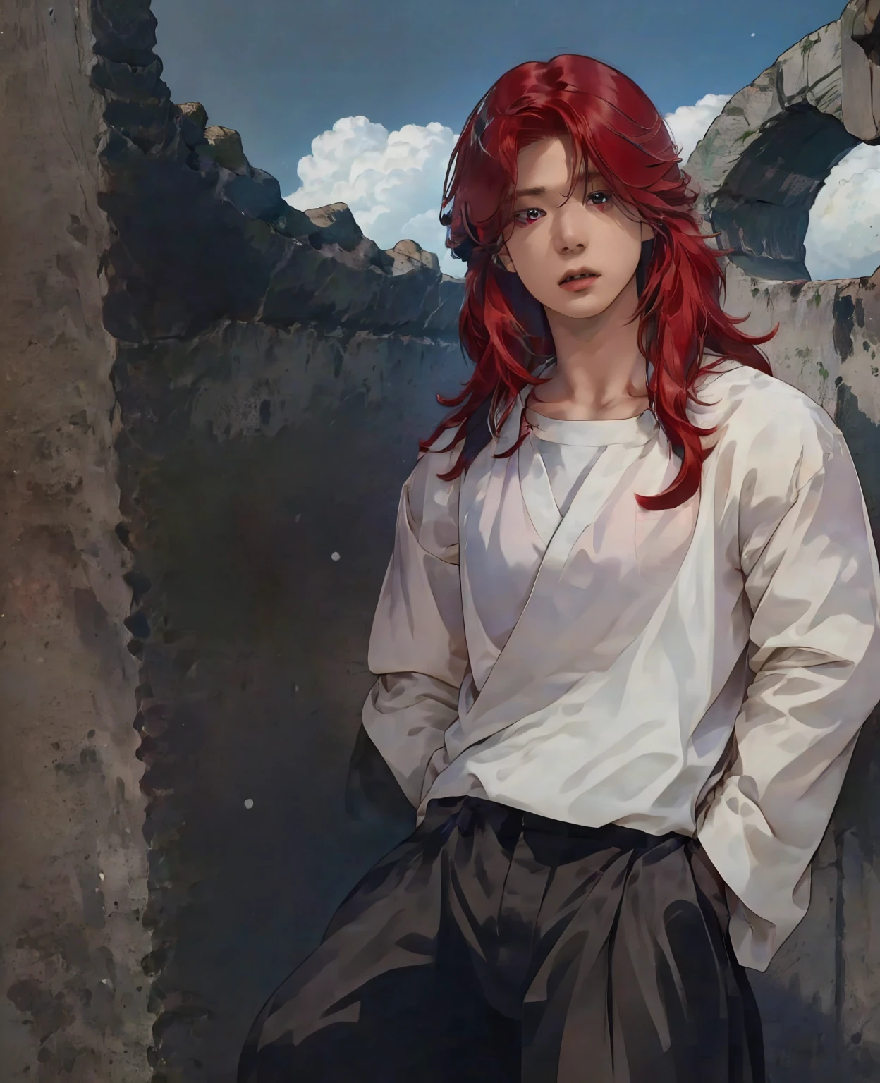 1 young man with long red hair and red eyes, wearing normal village clothes, realistic, photorealistic, photo-realistic:1.37, best quality, 8k, extremely detailed, cinematic lighting, dramatic lighting, masterpiece, intricate details, hyper-realistic, sharp focus, 4k, ultra-detailed, vibrant colors, dramatic atmosphere, cinematic composition