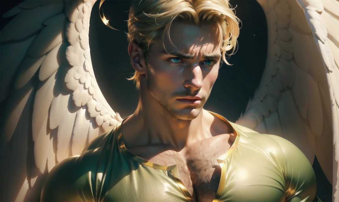 [((highly detailed, detailed eyes, detailed face, clear and realistic facial features, photorealistic, realistic light, cinematic, chest-up shot)), (1 man), (((((Gorgeous perfect sexy powerful masculine male angel))))), (((one pair of large wings))), ((faint halo)), ((short blond hair, green eyes)), ((35 years old)), ((wearing flattering angelic clothes)), (((aura of divine power))), standing in a cozy apartment at nighttime, ((light blush)), (((wearing an indignant expression)))]