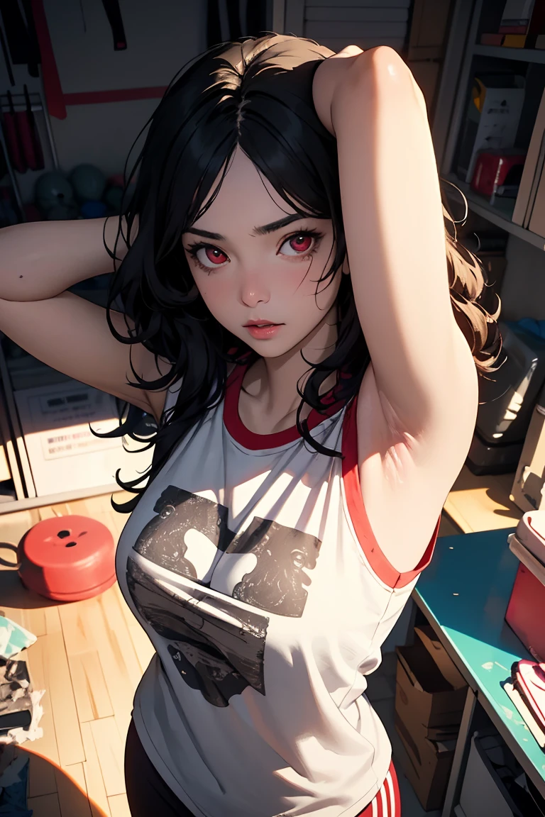 best Quality,Soft lighting, Detailed face,1woman, red eye, (detailed armpit), semi-long hair, curly hair, slender, alien printed t-shirt, Cowboy Shot, From above, looking up, (messy room:1.2), gym storeroom