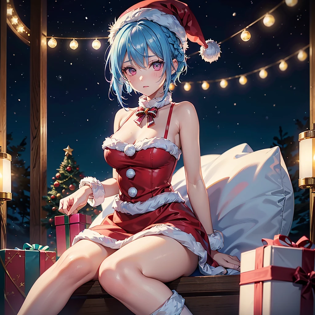 (Sky blue hair),(Braided short hair), (Pink Eyes),Fair skin) ,(whole body),(One Girl),(Gift boxes filling the background),(Santa Claus clothes),(Ahegao),Santa Claus hat,(Christmas Party),(masterpiece, Highest quality, Very detailed, Best Shadow), (Detailed Background), (Beautifully detailed face), High Contrast, (Best lighting, Very delicate and beautiful), ((Cinematic Light)), Hyper Detail,8k, Dramatic Light, Intricate details,night,Christmas tree