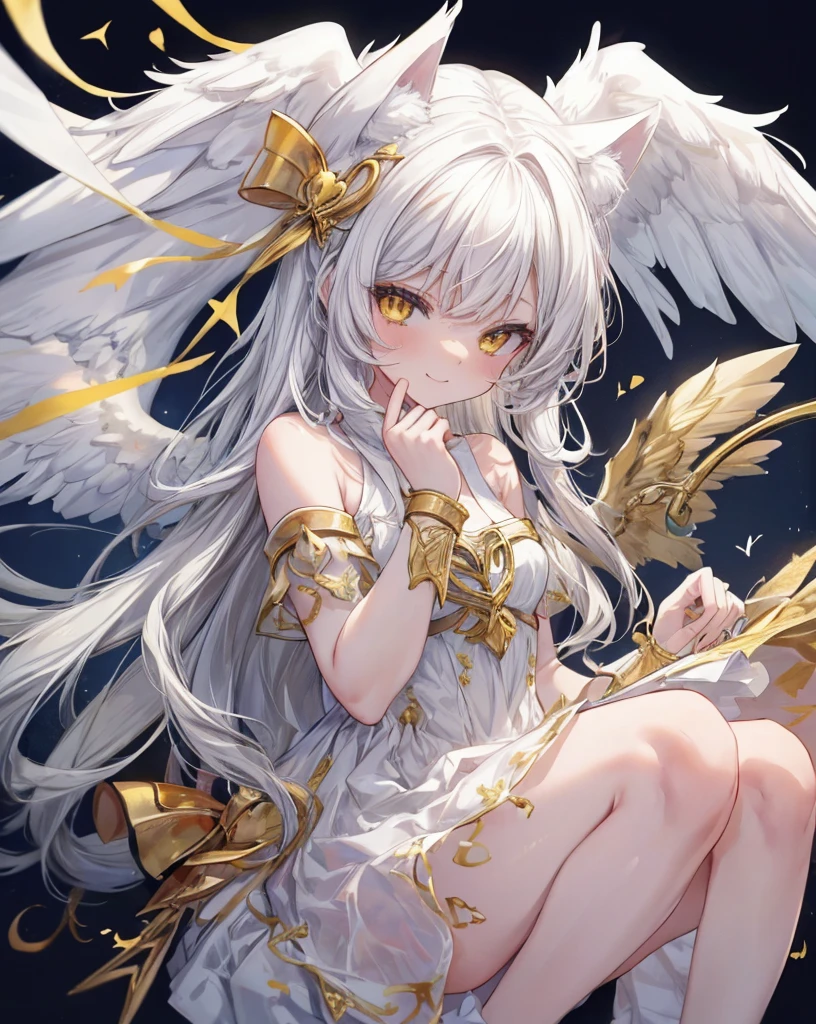  1catgirl, cat ears, (white long hair)) , oversaturated yellow eyes, intricate cool dress. Bare shoulders, white god dress with gold skirt. Portrait. Medium breast. Super detailed. Perfect anime yellow eyes, bare shoulders, white angel Wings. 
 Natural pose.  She's smiling , she's Smart . White fox tail. She's cupid, she's on top of a skyscraper with a bow to Hitting the lovers with a bow (gold bow), (arrow) .she is surrounded by gold hearts. She is surrounded by red hearts. She's flying (midair shot), (flying), As in Greek paintings. 