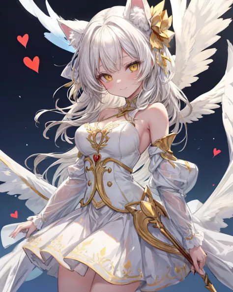 1catgirl, cat ears, (white long hair)) , oversaturated yellow eyes, intricate cool dress. bare shoulders, white god dress with g...