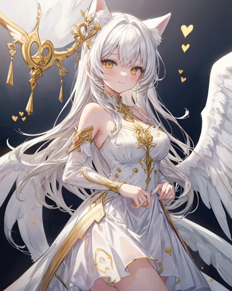 1catgirl, cat ears, (white long hair)) , oversaturated yellow eyes, intricate cool dress. bare shoulders, white god dress with g...