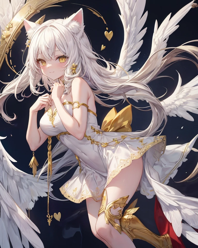  1catgirl, cat ears, (white long hair)) , oversaturated yellow eyes, intricate cool dress. Bare shoulders, white god dress with gold skirt. Portrait. Medium breast. Super detailed. Perfect anime yellow eyes, bare shoulders, white angel Wings. 
 Natural pose.  She's smiling , she's Smart . White fox tail. She's cupid .she is surrounded by gold hearts. She is surrounded by red hearts. She's flying (midair shot), (flying), As in Greek paintings, sexy pose