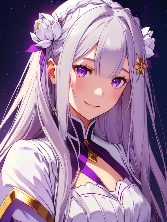 realistic、one girl、 Emilia Lee:zero、crown blade、flower hair ornament、×Hair ornament、gray hair、long hair、purple eyes、fantasy、magic effect、pieces fly、smile、