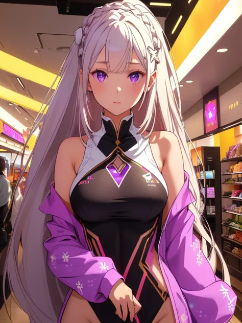 emilia re:zero, purple eyes, emilia, crown braid, x hair ornament, flower hair ornament, white hair, long hair, medium breasts, ...