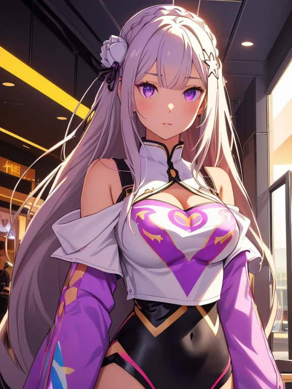 Emilia re:zero, purple eyes, Emilia, crown braid, x hair ornament, flower hair ornament, white hair, long hair, medium breasts, ((Masterpiece)), best quality, absurderes, ultra detailed, holographic, cowboy shot, golden ratio, super cute girl, mature girl, idol girl, super beautiful asian girl with very beautiful violet glowing eyes, beautiful glowing brown multicolored hair, high ponytail, nice and sexy body, slim body, perfect body, wearing a super tight anime printed leotard, an anime printed super tight off shoulder long sleeve crop top, a super aesthetic transparent mini jacket, beautiful hair ornament, pink jordan tennis, being photographed in a mall shop with her handsome skinny boyfriend, with black messy black glowing hair, and super casual clothing