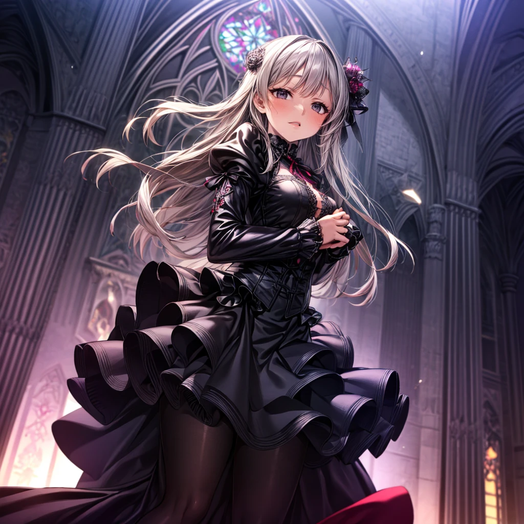 quality,8k,Highly detailed CG unit wallpaper, masterpiece,High resolution,top-quality, real texture skin,surreal,Increase the resolution,RAW Photos,highest quality,Very detailed,From below,Cool Beauty,Glamour Women, Cute pose,Gothic Lolita,A skirt full of frills, Red Embroidery,silver_Shiny long hair, Queen, world, Crystal Flower,Sparkling stained glass like a kaleidoscope,Majestic cathedral ,Detailed embroidery, Very layered ruffles, Detailed Texture,A geometric magic circle above your head,Decorated silver staff,