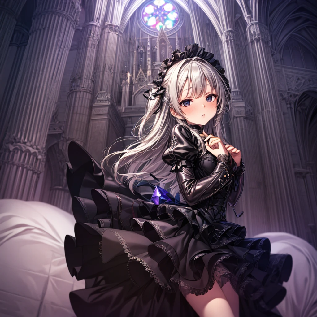 quality,8k,Highly detailed CG unit wallpaper, masterpiece,High resolution,top-quality, real texture skin,surreal,Increase the resolution,RAW Photos,highest quality,Very detailed,From below,Cool Beauty,Glamour Women, Cute pose,Gothic Lolita,A skirt full of frills, Red Embroidery,silver_Shiny long hair, Queen, world, Crystal Flower,Sparkling stained glass like a kaleidoscope,Majestic cathedral ,Detailed embroidery, Very layered ruffles, Detailed Texture,A geometric magic circle above your head,Decorated silver staff,