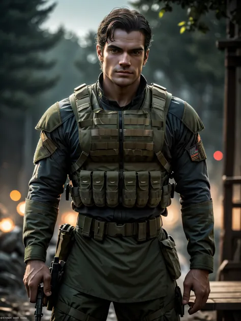 o ator henry cavill, fighting on the war front, rainy day in a multicam military uniform, wearing a plate carrier forhonor ameri...