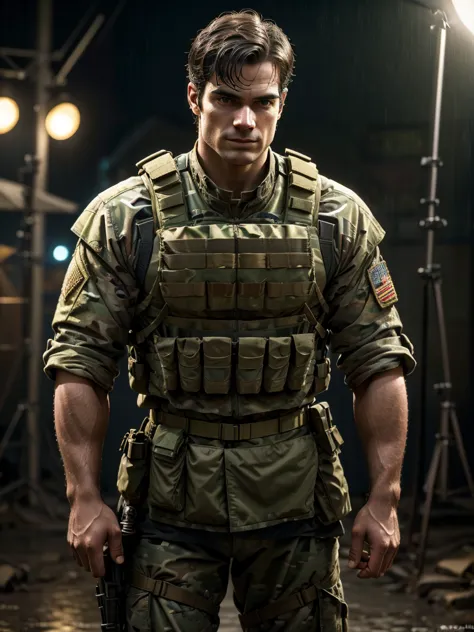 o ator henry cavill, fighting on the war front, rainy day in a multicam military uniform, wearing a plate carrier forhonor ameri...