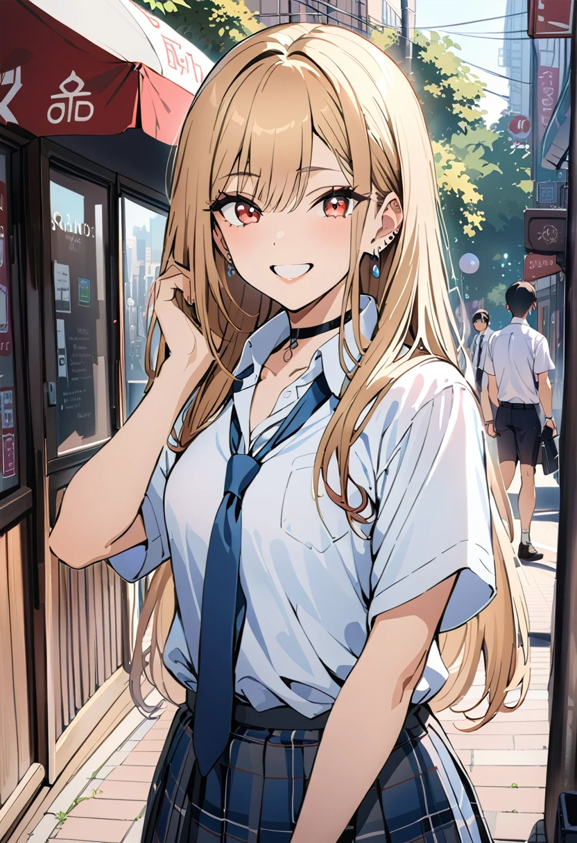 masterpiece, Highest quality, High resolution, Kitagawa Marine, One girl, Blonde, Long Hair, Multicolored Hair, Red eyes, jewelry, Earrings, Earrings, school uniform, White shirt, tie shirt, Black choker, Blue tie, Checked skirt, Grin, smile, Are standing, Cowboy Shot, Outdoor,