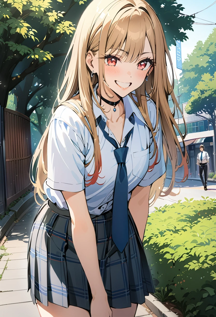 masterpiece, Highest quality, High resolution, Kitagawa Marine, One girl, Blonde, Long Hair, Multicolored Hair, Red eyes, jewelry, Earrings, Earrings, school uniform, White shirt, tie shirt, Black choker, Blue tie, Checked skirt, Grin, smile, Are standing, Cowboy Shot, Outdoor,