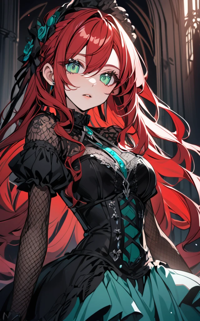 The most beautiful redhead woman with shiny aquamarine-green eyes in gothic dress