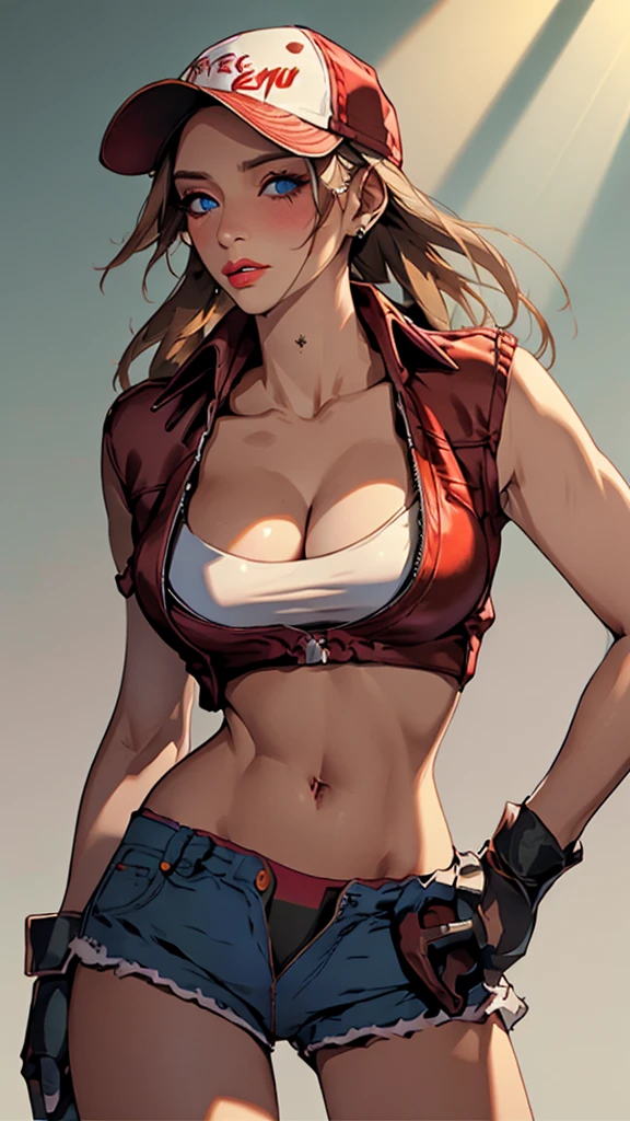 ((((masterpiece, Best Quality, High resolution)))), Extremely detailed 8k, 1 female, matte eyeshadow, eyelashes, eyeliner, bright lipstick, (sensual lips:1.3) make up, blush, Break the detailed background, BREAK Terry Bogard girl, by rubio, Horse tail, by the wide, baseball cap, Gloves without fingers, denim shorts, (ultra high definition, ultra detailed, Very detailed, very realistic, ultrarealistic, realistic photography), (1 girl:1.5), (Realistic long by rubio), (dynamic poses), looking to the camera, looking at the viewer, (a serious focus face), (regular blue eyes, sharp eyes), (perky breasts:1.2), (beautiful detailed face, beautiful detailed eyes), glow, (Sun ray, sunlight), ((cowboy shot)), seductive, EnvyBetterHands LoCon,