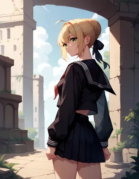 (((masterpiece, ultra-detailed))), nsfw, ,black serafuku, long sleeves, standing,1girl ,thirties blonde hair, french braid, sing...