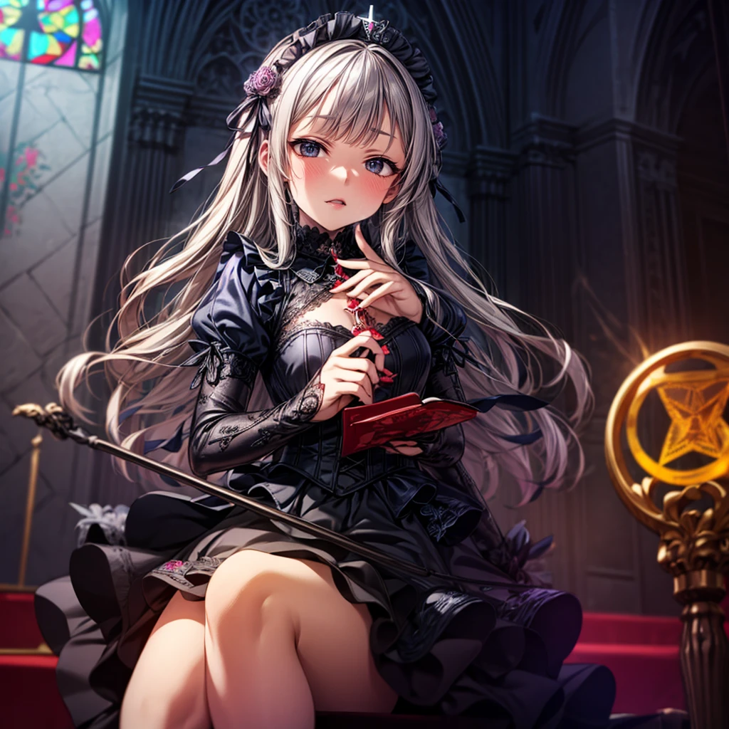 a beautiful gothic lolita girl in a majestic cathedral, wearing a red embroidered dress with a skirt full of frills, silver long hair and a decorated silver staff, surrounded by a sparkling stained glass kaleidoscope, crystal flowers, and a geometric magic circle above her head, highly detailed CG, 8k, masterpiece, photorealistic, ultra-detailed, sharp focus, vivid colors, studio lighting, physically-based rendering, extremely detailed skin texture, intricate embroidery and ruffles