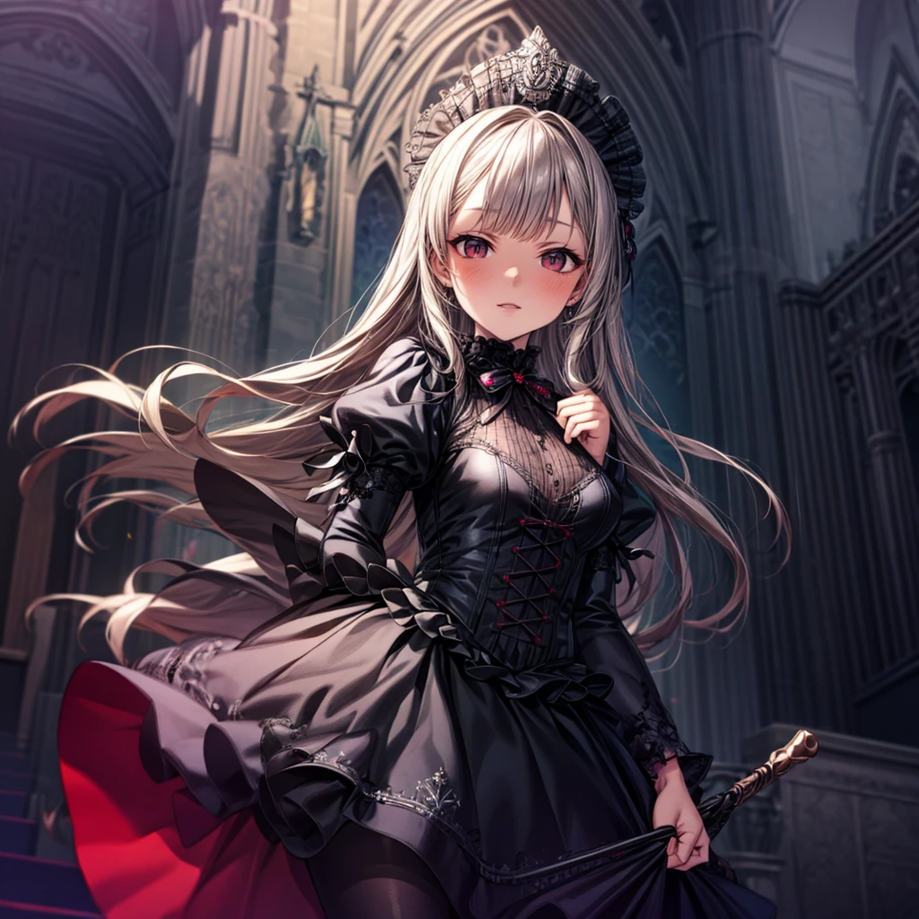 a beautiful gothic lolita girl in a majestic cathedral, wearing a red embroidered dress with a skirt full of frills, silver long hair and a decorated silver staff, surrounded by a sparkling stained glass kaleidoscope, crystal flowers, and a geometric magic circle above her head, highly detailed CG, 8k, masterpiece, photorealistic, ultra-detailed, sharp focus, vivid colors, studio lighting, physically-based rendering, extremely detailed skin texture, intricate embroidery and ruffles