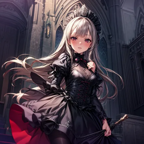 a beautiful gothic lolita girl in a majestic cathedral, wearing a red embroidered dress with a skirt full of frills, silver long...