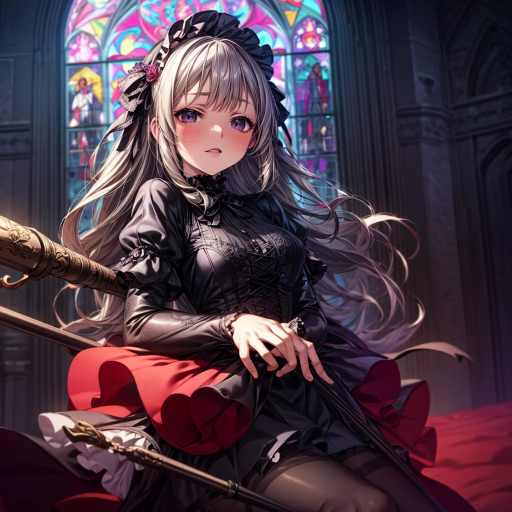 a beautiful gothic lolita girl in a majestic cathedral, wearing a red embroidered dress with a skirt full of frills, silver long hair and a decorated silver staff, surrounded by a sparkling stained glass kaleidoscope, crystal flowers, and a geometric magic circle above her head, highly detailed CG, 8k, masterpiece, photorealistic, ultra-detailed, sharp focus, vivid colors, studio lighting, physically-based rendering, extremely detailed skin texture, intricate embroidery and ruffles