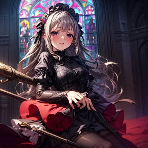 a beautiful gothic lolita girl in a majestic cathedral, wearing a red embroidered dress with a skirt full of frills, silver long...