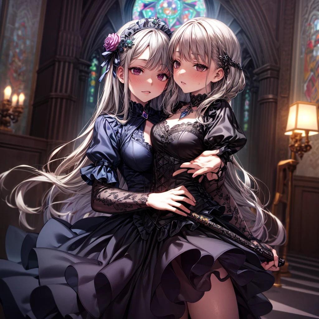 a beautiful gothic lolita girl in a majestic cathedral, wearing a red embroidered dress with a skirt full of frills, silver long hair and a decorated silver staff, surrounded by a sparkling stained glass kaleidoscope, crystal flowers, and a geometric magic circle above her head, highly detailed CG, 8k, masterpiece, photorealistic, ultra-detailed, sharp focus, vivid colors, studio lighting, physically-based rendering, extremely detailed skin texture, intricate embroidery and ruffles