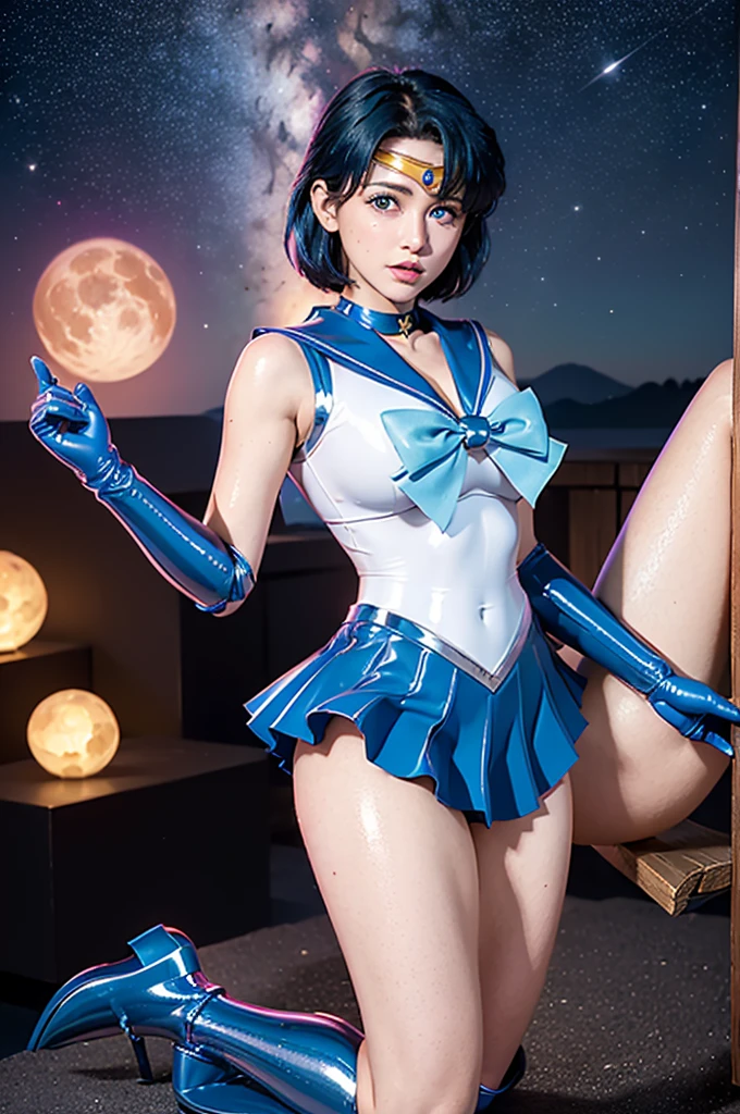 masterpiece, Highest quality, 超A high resolution, (Realistic)、RAW Photos,(every time :1.2), Octane Rendering, Surreal:1.1, Mature Woman, (36 years old), Plump face:1.2, sexy, Highest quality, Very detailed,Very accurate, One Woman, ((Wearing a Sailor Mercury costume, X-shaped crucifixionに, Being restrained)), ((X-shaped crucifixion)), ((Stainless steel X-shaped cross stand, Geometric decoration)), (Detailed Sailor Mercury suit), ((Blue sailor collar, Mini pleated skirt in blue, Exposed thighs, Blue boots, Stiletto heels, Long gloves, choker, tiara)), (((Shiny latex costume))), Bright blue hair:1.3, Big eyes:1.2, eye make up:1.2, Large Breasts:1.1, Detailed eyes:1.4, Looking at the viewer:1.2, Night Sky, Big full moon, Nebula Sky, Pink and purple nebula,