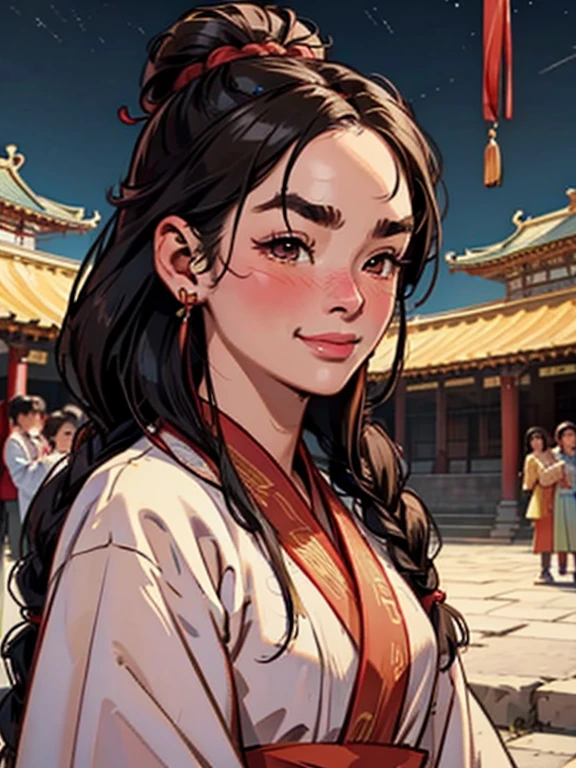 Kpop idol: 1.2, mix4, 1 Korean girl, 14 years old, (light eyebrows: 1.4), shiny brown eyes, bun head, tied two braids, ancient city, Chinese temple, high mountain, beautiful detail sky, street (crowd:1.2), night, (nose blush), hanfu, happy, smile