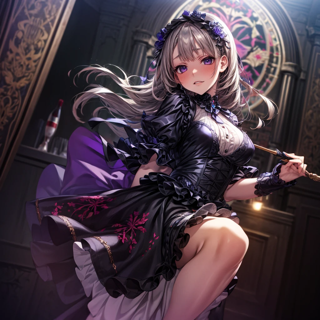 a beautiful gothic lolita girl, red embroidered dress with frilled skirt, silver long hair, decorated silver staff, sparkling stained glass kaleidoscope, crystal flowers, geometric magic circle above head, highly detailed CG, 8k, masterpiece, photorealistic, ultra-detailed, sharp focus, vivid colors, studio lighting, physically-based rendering, extremely detailed skin texture, intricate embroidery and ruffles