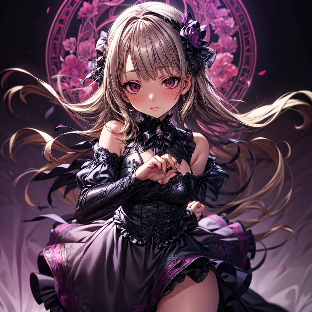 a beautiful gothic lolita girl, red embroidered dress with frilled skirt, silver long hair, decorated silver staff, sparkling stained glass kaleidoscope, crystal flowers, geometric magic circle above head, highly detailed CG, 8k, masterpiece, photorealistic, ultra-detailed, sharp focus, vivid colors, studio lighting, physically-based rendering, extremely detailed skin texture, intricate embroidery and ruffles