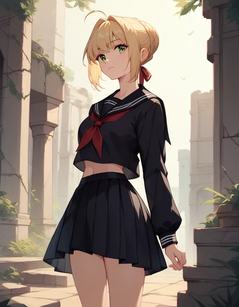 (((masterpiece, ultra-detailed))), nsfw, ,Black serafuku, long Sleeves, standing,1Girl ,thirties blonde hair, french braid, sing...