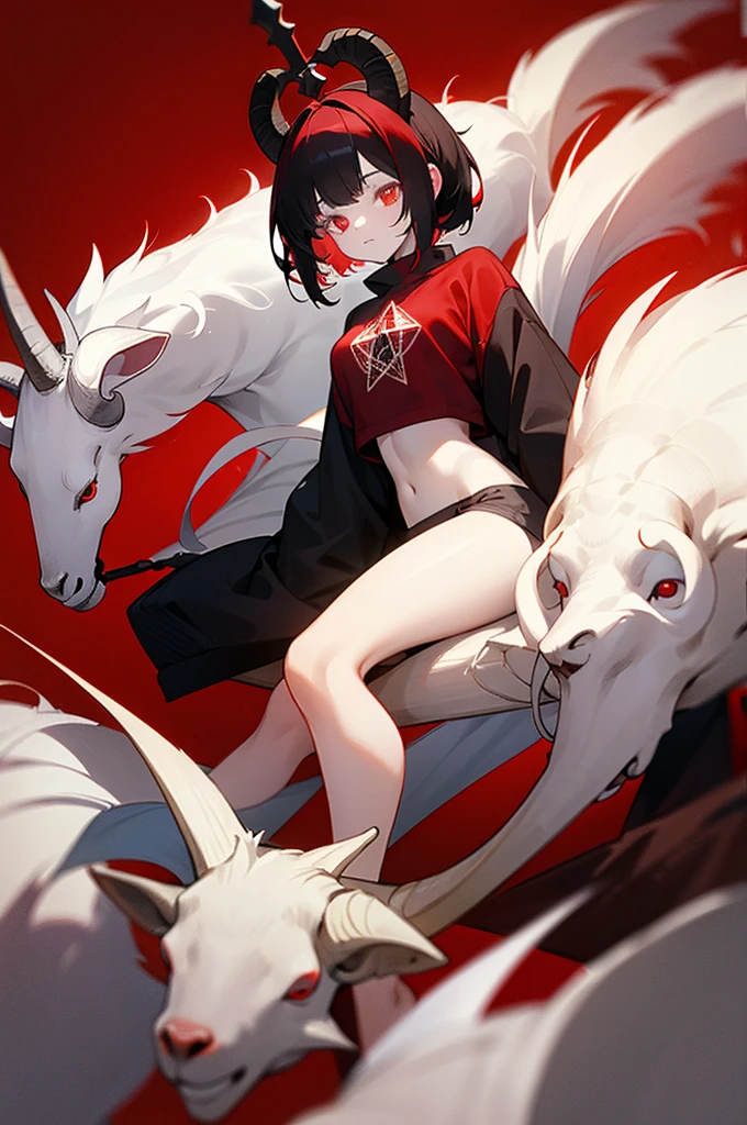 A girl with pale skin, short black hair with red streaks ((dark red)), bright red eyes, has two white goat chests on her head, one of which is broken, wears a sweatshirt with a red pentagram, has goat hooves on her head. place for the feet, and a long cause made of bones