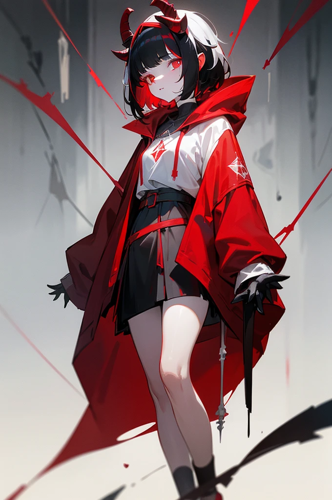 A girl with pale skin, short black hair with red streaks ((dark red)), bright red eyes, has two white goat chests on her head, one of which is broken, wears a sweatshirt with a red pentagram, has goat hooves on her head. place for the feet, and a long cause made of bones