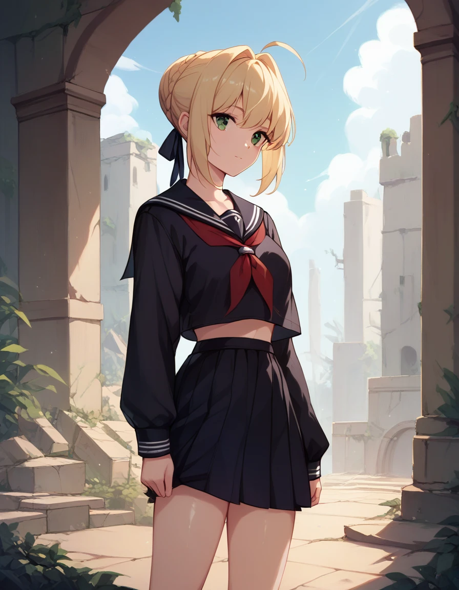 (((masterpiece, ultra-detailed))), nsfw, ,Black serafuku, long Sleeves, standing,1Girl ,thirties blonde hair, french braid, single hair bun, green eyes, ahoge, Shiny skin, ruins
