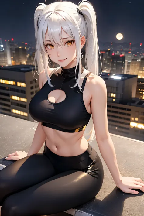 woman, white hair, (golden eyes:1.2), twin tails, large chest, black leggings, white sports bra, on rooftop, sitting on low wall...