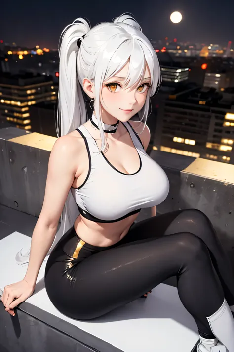 woman, white hair, (golden eyes:1.2), twin tails, large chest, black leggings, white sports bra, on rooftop, sitting on low wall...