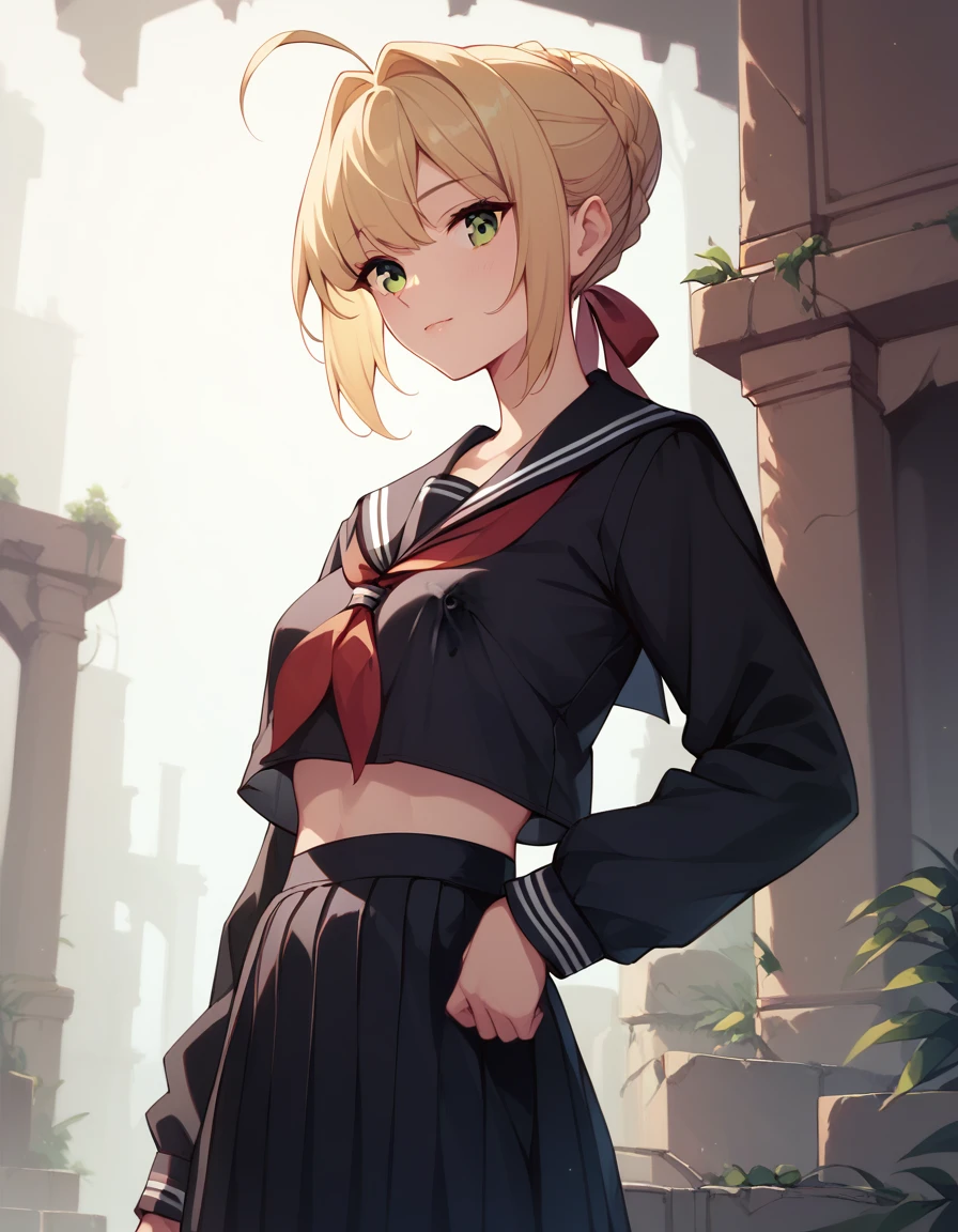 (((masterpiece, ultra-detailed))), nsfw, ,Black serafuku, long Sleeves, show off nipple, standing,1Girl ,thirties blonde hair, french braid, single hair bun, green eyes, ahoge, Shiny skin, ruins
