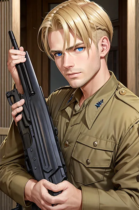 adult man, blue eyes, ww2 soldier, hairstyle blonde hair, holding a garand m1, in pacific khaki uniform