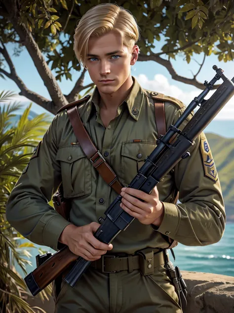 adult man, blue eyes, ww2 soldier, hairstyle blonde hair, holding a garand m1, in pacific khaki uniform