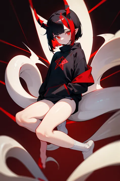 a girl with pale skin, short black hair with red streaks ((dark red)), bright red eyes, has two curved white horns on her head, ...