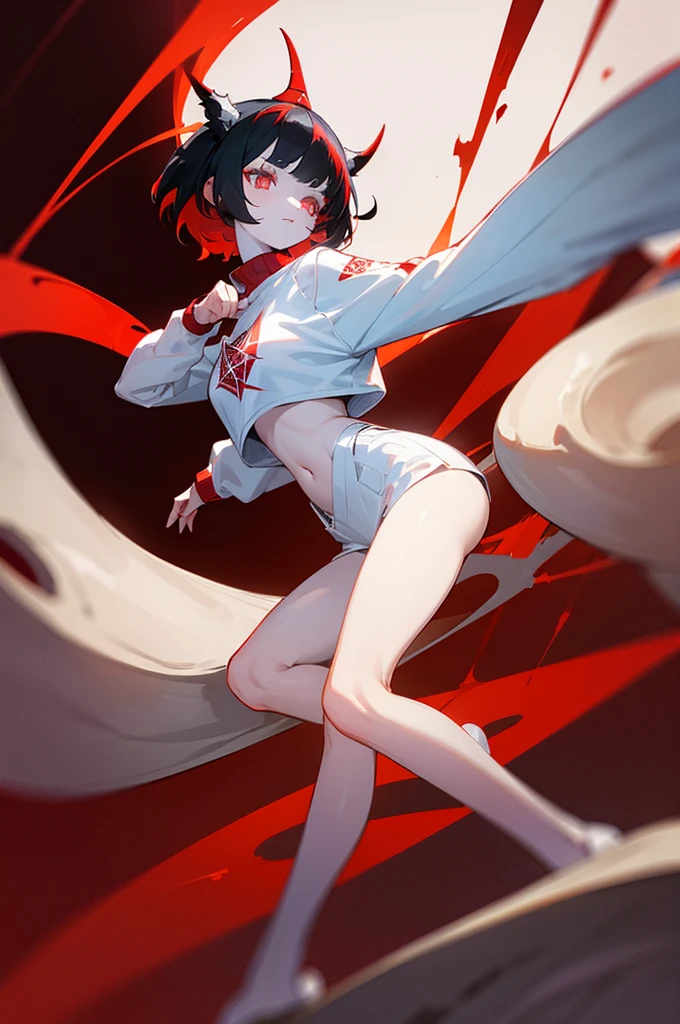 A girl with pale skin, short black hair with red streaks ((dark red)), bright red eyes, has two curved white horns on her head, one of which is broken, wears a sweatshirt with a red pentagram, has hooves instead of feet, and a long tail made of bones