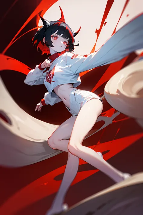 a girl with pale skin, short black hair with red streaks ((dark red)), bright red eyes, has two curved white horns on her head, ...