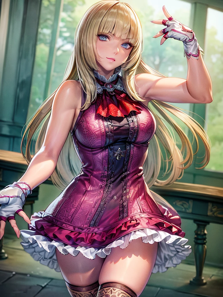 Armpit Show,No sleeve,Perfect Eyes:1.2, Detailed eyes:1.4, Emily T8, Blunt bangs, blue eyes, Long Hair, Blonde, Knee socks, Lace-up boots, Pink ruffle dress, frilled ascot, Fingerless gloves, smile, Red eyeshadow:1.2, compensate:1.2, Cowboy Shot, One girl, alone, (masterpiece:1.6, Highest quality), 8k, Insane Details, Intricate details, Super detailedな, super high quality, Attention to detail, Super detailed, Professional, High resolution, ray tracing reflection, Cinema Lighting,
