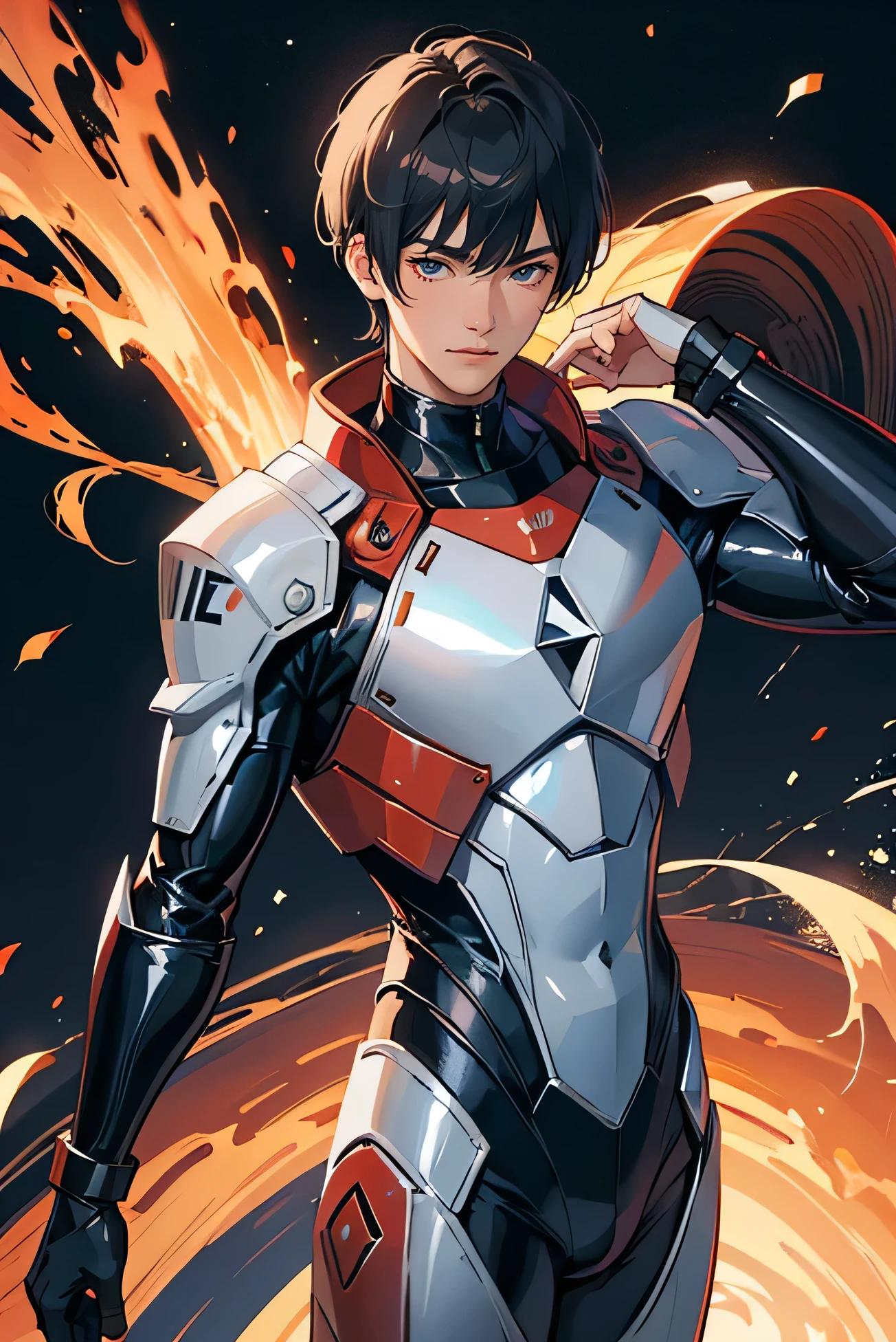 Handsome Japanese male models　　22 years old　smile　　　Black Hair　　Short cut　Short bangs　looking at the camera　　　　　Shiny whole body silver suit　　　Shiny silver latex suit　Mega Bulge　　looking at the camera　Future World Dynamic Pose　　taunt　whole body　Red planet on background
