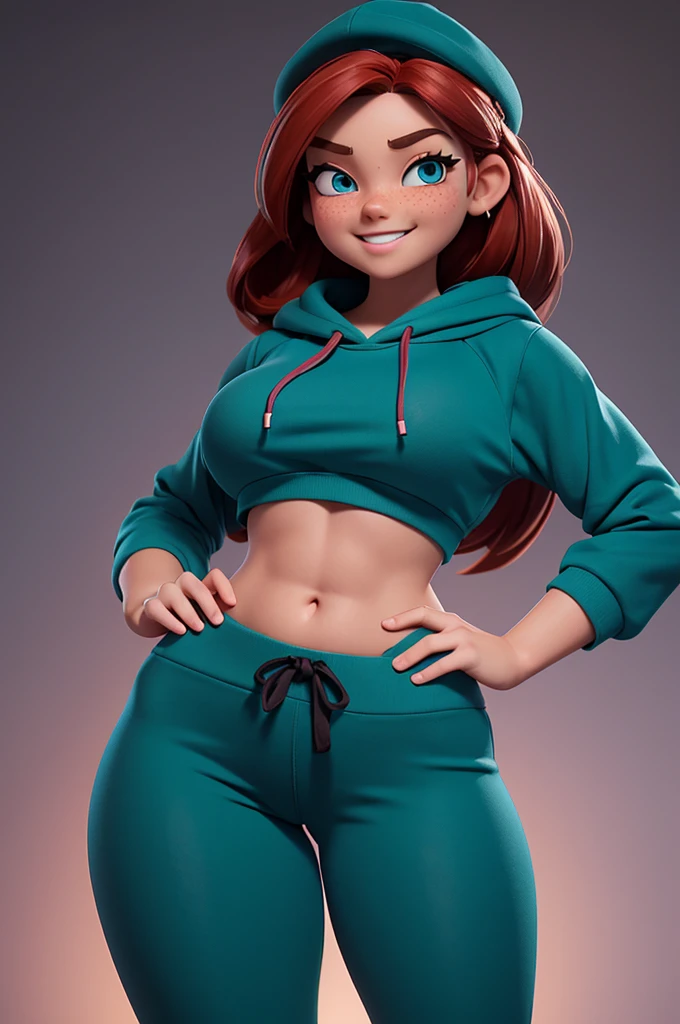 1 girl, cute, teal eyes, smile, stylized, cute smile, very long red hair, thin eyebrows, slight freckles, anatomically correct, masterpiece, best high quality, ultra details, ((top quality)), ((work teacher)) ( detailed), cinematic lighting, complex, great detail, sharp focus, best proportions Four fingers and a thumb, teenager (17 years old), standing, athletic, thick thighs, thin waist, thin waist, soft waist, thighs curvy and curvy, wide and thick buttocks, slightly muscular arms, big thighs, black hat, yoga pants, (Netflix hoodie), skater girl, young