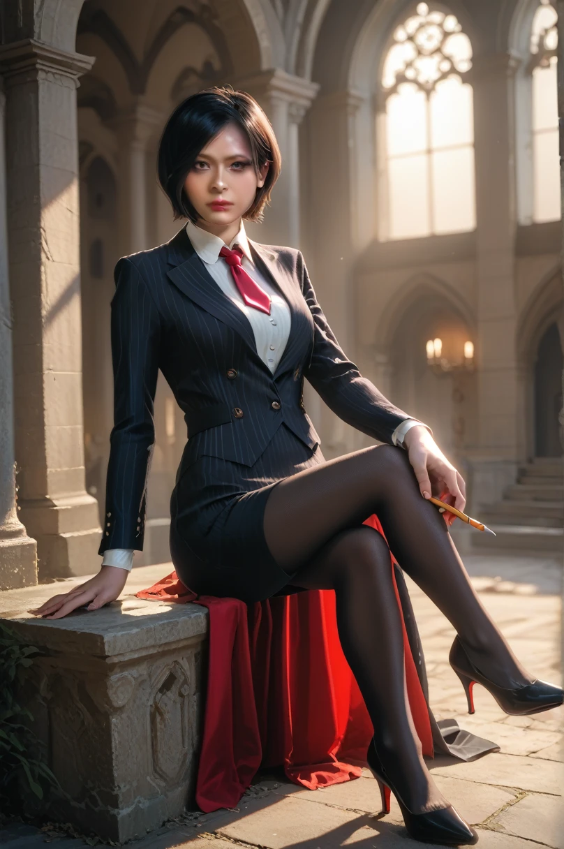 score_9, score_8_up, score_7_up,score_6_up,high resolution,adw,1girl,solo,source_anime,full body,in a castle,black pinstripe skirt suit, (((black pinstripe three-piece suit))), (((dress shirt))), (((red necktie))), (((black pinstripe blazer))), (((suit jacket))), (((waistcoat))), double-breasted waistcoat, (((black pinstripe bodycon pencil skirt)),high heels,short hair,black hair,realistic skin,volumetric lighting,rim lighting,dof,sitting,looking at viewer,sunny