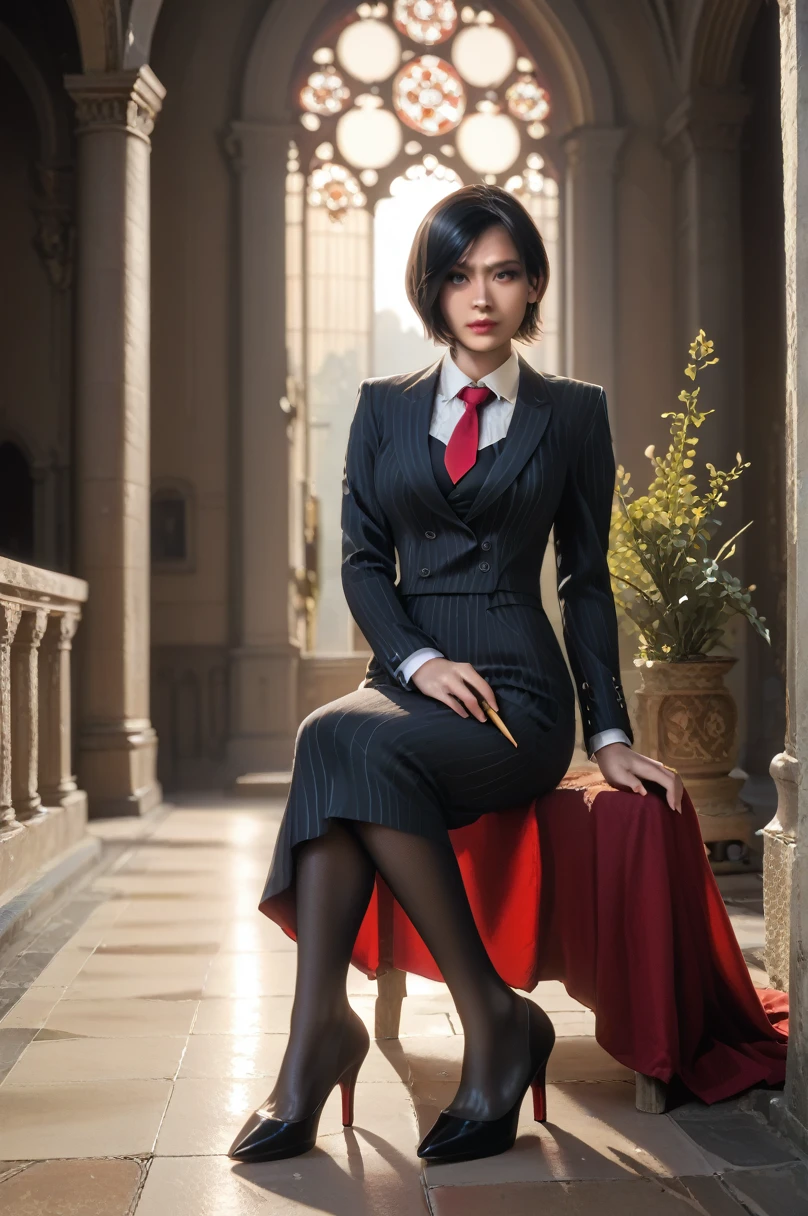 score_9, score_8_up, score_7_up,score_6_up,high resolution,adw,1girl,solo,source_anime,full body,in a castle,black pinstripe skirt suit, (((black pinstripe three-piece suit))), (((dress shirt))), (((red necktie))), (((black pinstripe blazer))), (((suit jacket))), (((waistcoat))), double-breasted waistcoat, (((black pinstripe bodycon pencil skirt)),high heels,short hair,black hair,realistic skin,volumetric lighting,rim lighting,dof,sitting,looking at viewer,sunny